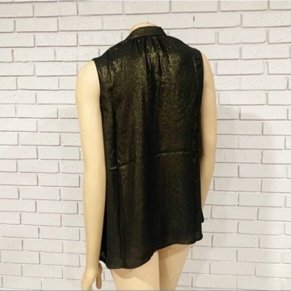 ModCloth Gold Metallic Tie Neck Sleeveless Blouse Shimmer Holiday Party Large - Picture 4 of 5